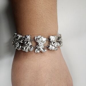 Vintage Teddy Bear Slider Bracelet Silver Tone Collectible Figural 3D Charm